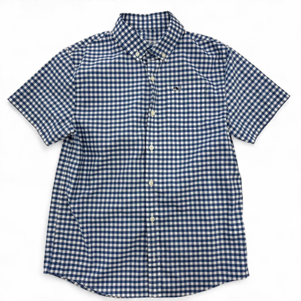Vineyard Vines Button Down Shirt Boys Size Medium Navy White Checkered Shirt